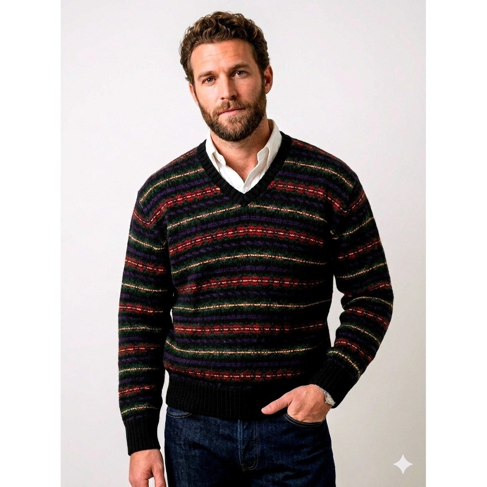 NWT Polo Ralph Lauren Vintage Lambswool Sweater Mens L V Neck Striped Multi HK